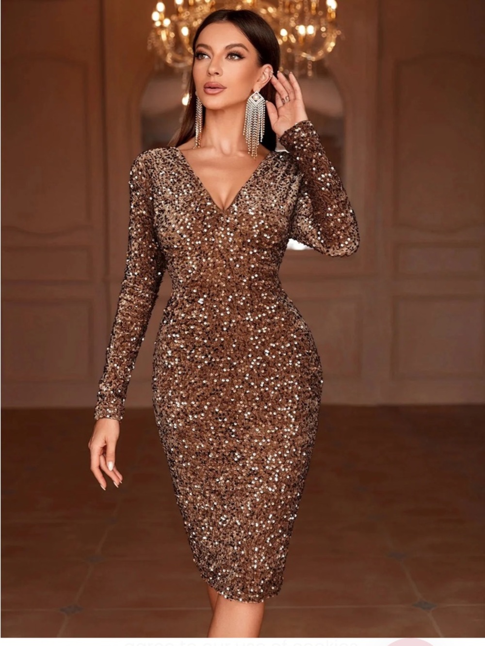 Sequined V-Neck Long Sleeve Cocktail Dress in Bronze - Picture 2 of 8